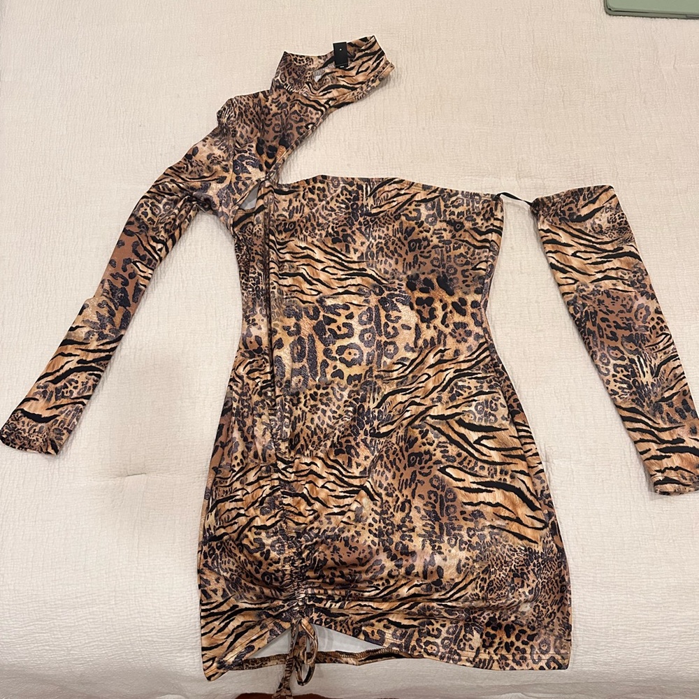 Leopard One Shoulder Choker Mini Dress